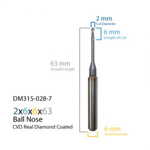 2mm ARUM Axsys VersaMill CVD Real Diamond Coated CAD CAM Milling Bur