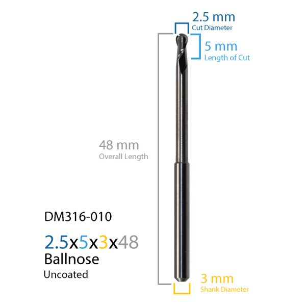 2.5mm Laserdentium & Datron Uncoated CAD CAM Milling Bur