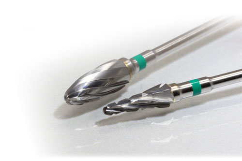 Two coarse dental milling burs, each with a green ISO stripe